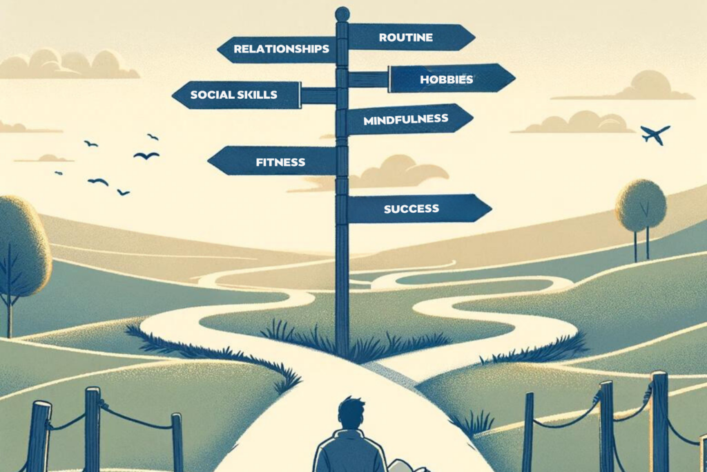 Man looking at signpost and figuring out what to prioritise on his personal development and self-improvement journey