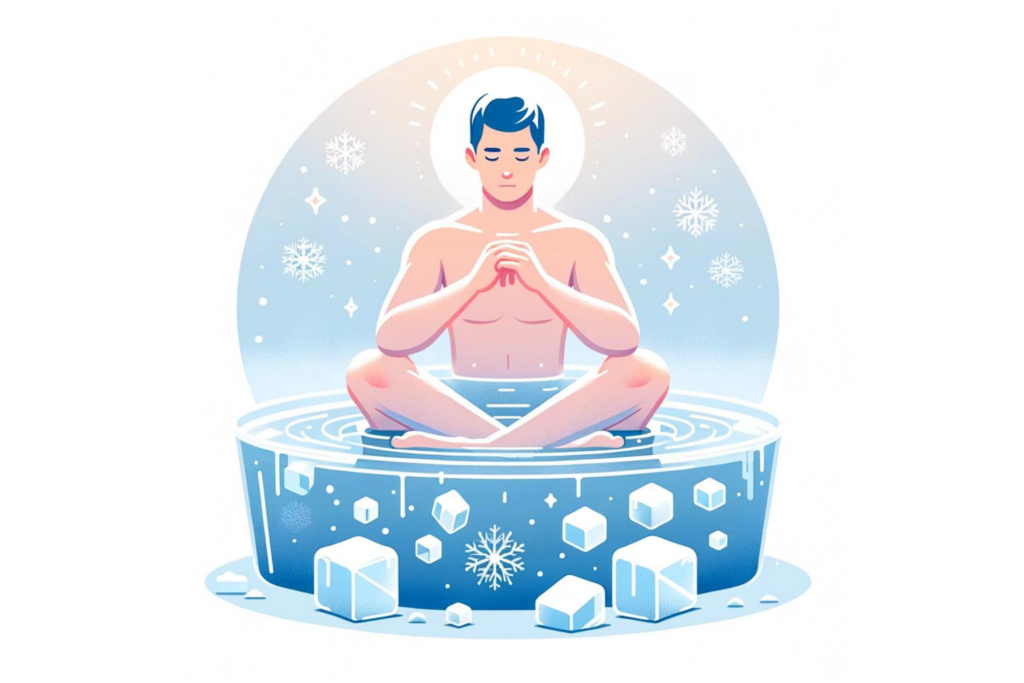 Man embracing his self-improvement to-do-list by practicing cold therapy sitting in an ice-bath 