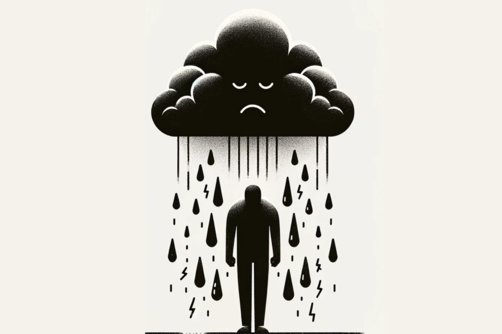 Man under a raining cloud, the cloud symbolises negativity, toxicity and toxic people