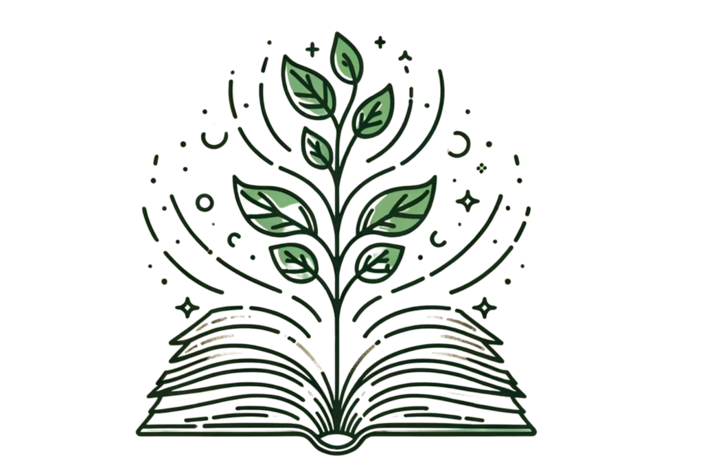 An illustration with a plant growing from inside a book which represents constant learning and growing, a great trait for learning how to develop a growth mindset.