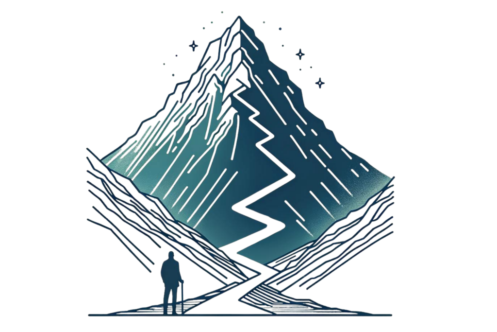 A man stood at the bottom of a mountain, showing adversity and that he needs to climb the mountain or adversity in order to understand how to develop a growth mindset