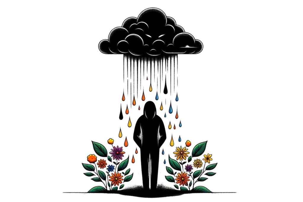 An illustration with a man stood under a cloud. The cloud represents toxic negativity and jealousy, which are traits not to have if you want to learn how to develop a growth mindset