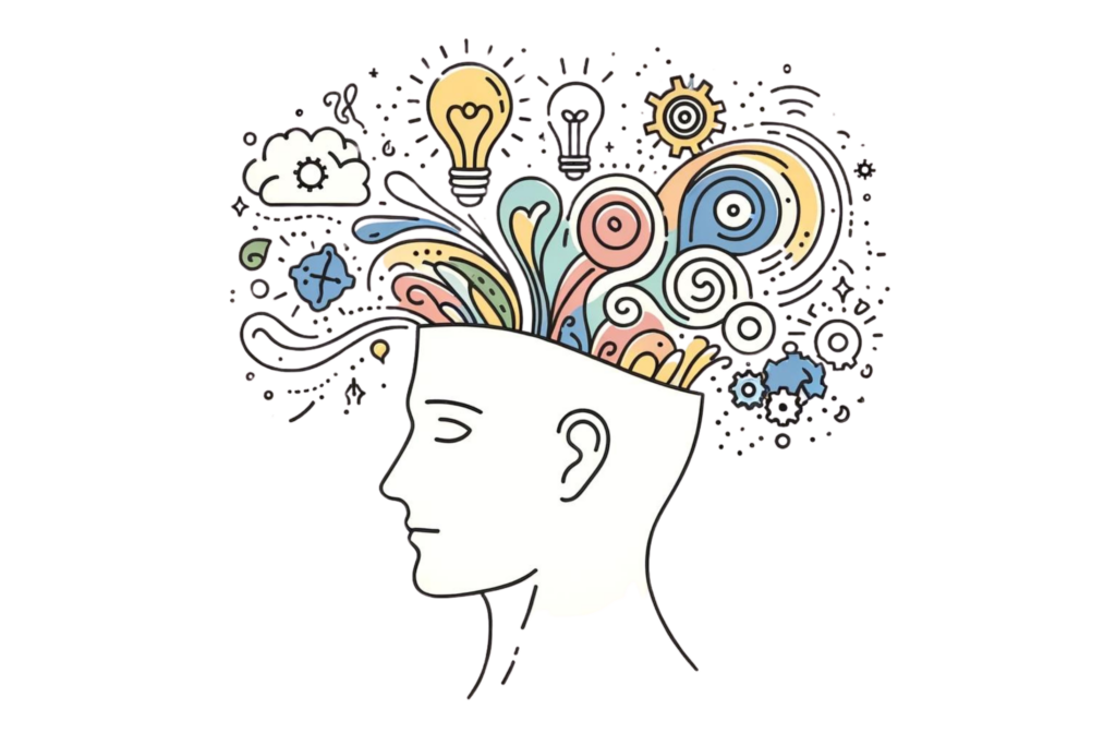 An illustration of a man with lots of creative ideas in his brain