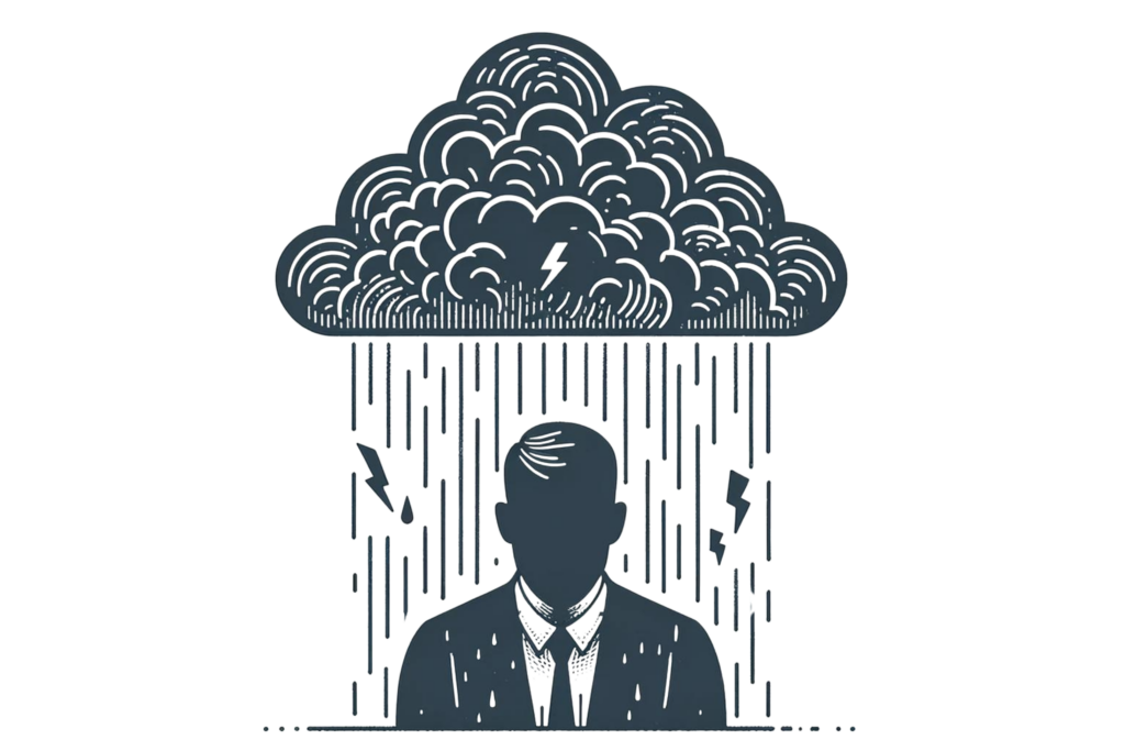 Illustration of a man standing beneath a cloud symbolising negative thoughts, depicting his desire to learn how to challenge and overcome these negative beliefs.