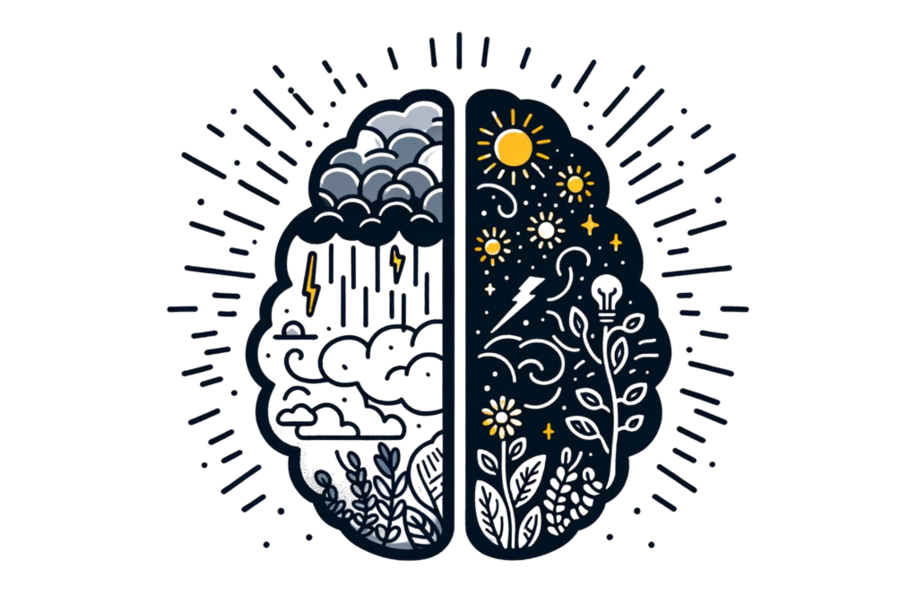 An illustration of a brain divided into two halves: one side filled with symbols of negative thoughts, and the other with symbols of positive thoughts, visually representing the process of challenging limiting beliefs.