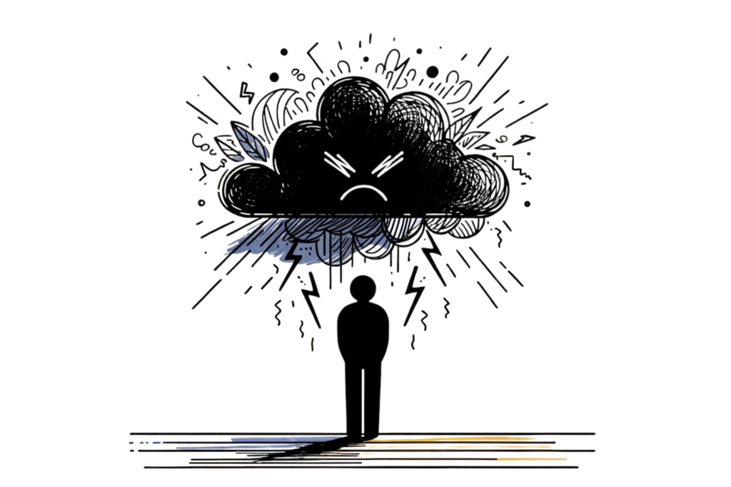An illustration representing a person standing under a dark cloud. This also shows that if you want to learn how to be happy, you need to reduce toxic influences