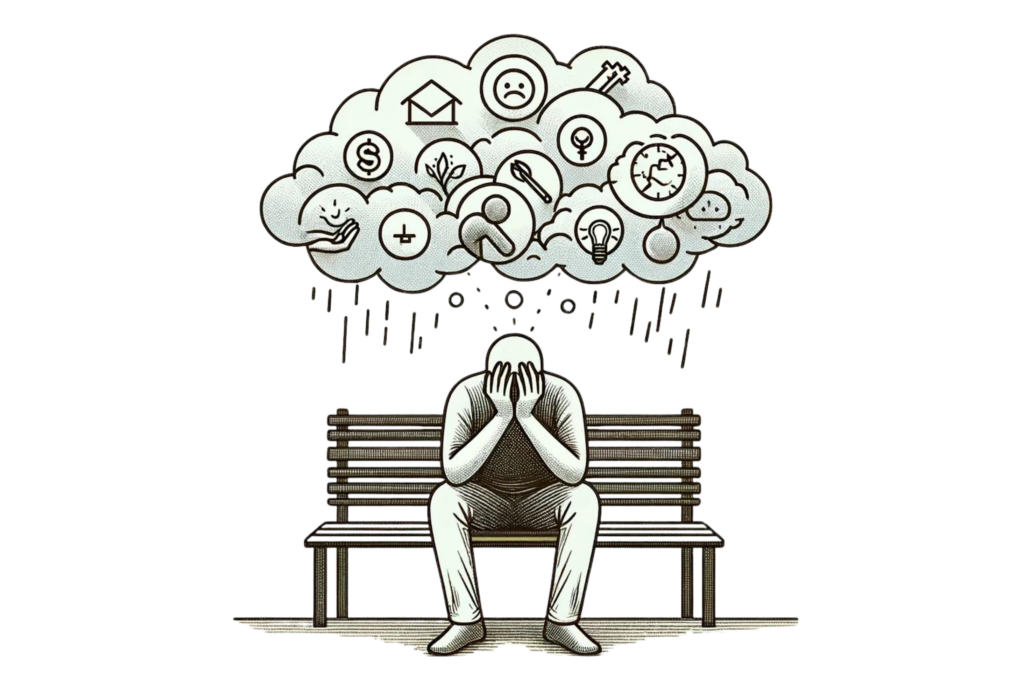 An illustration of a man sat down on a bench wanting to stop worrying thoughts in his head