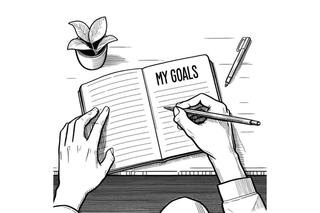 An illustration of a person writing down their goals and practicing goal-setting