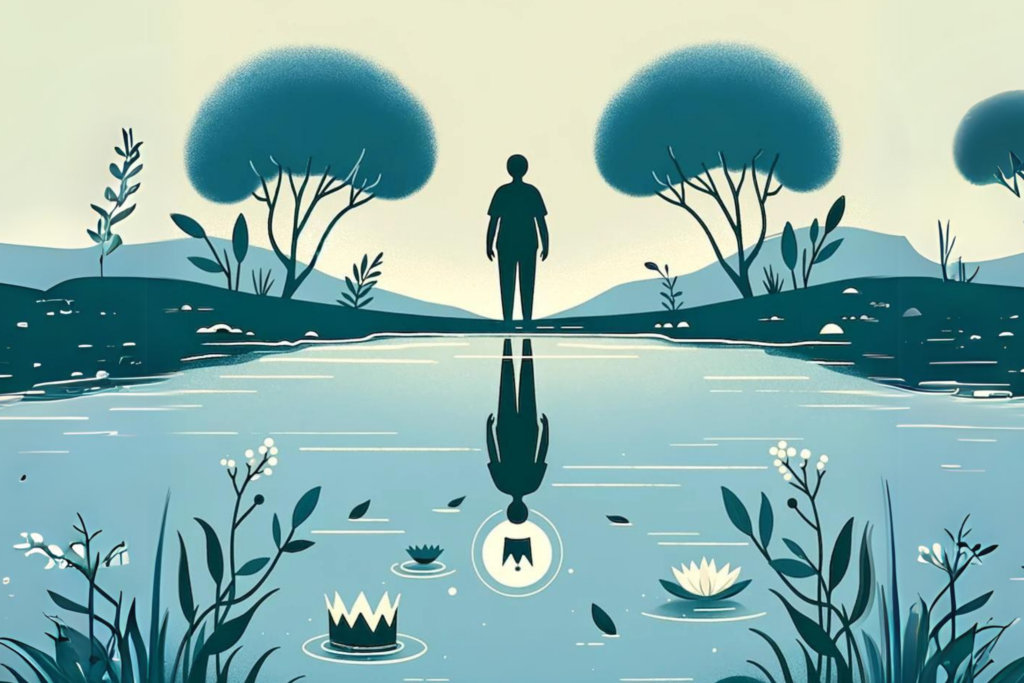 An illustration of a figure standing over a lake. This represents self-reflection and wanting to improve self-esteem