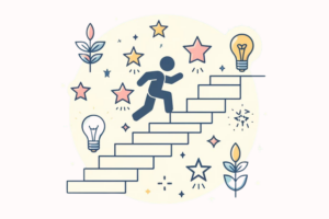 Simple illustration representing boosting motivation. The image features a person climbing a staircase with motivational symbols like stars, arrows, and lightbulbs around them.